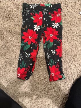 Little Sleepies Black Leggings with Red Poinsettia Floral Print